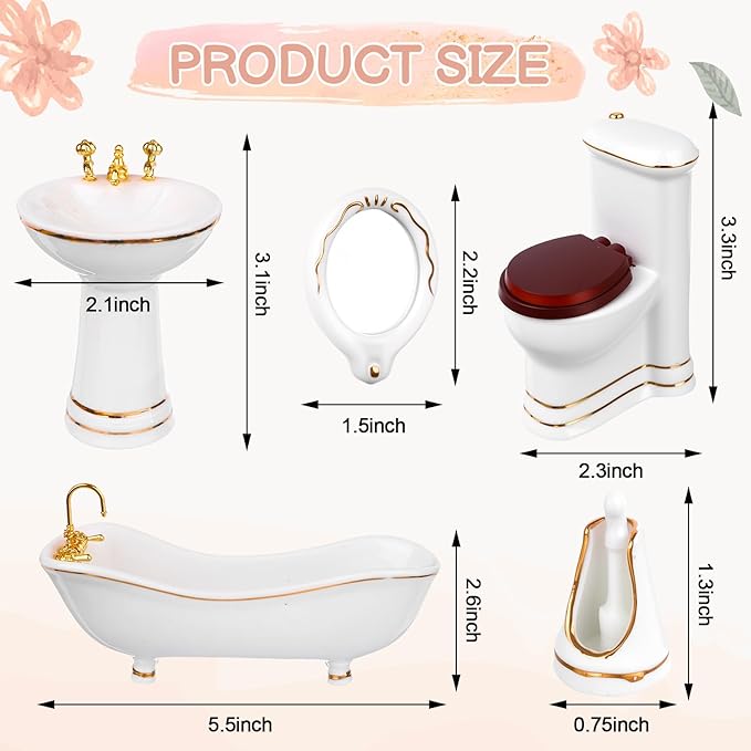 HCEWSBFD 1:12 Dollhouse Miniature Porcelain Bathroom Set 5Pcs White Ceramic Toilet Basin Bathtub Mirror Miniature Furniture with 15Pcs Doll Accessories Comb,Bathball,Water Cup,Toothbrush Toothpaste
