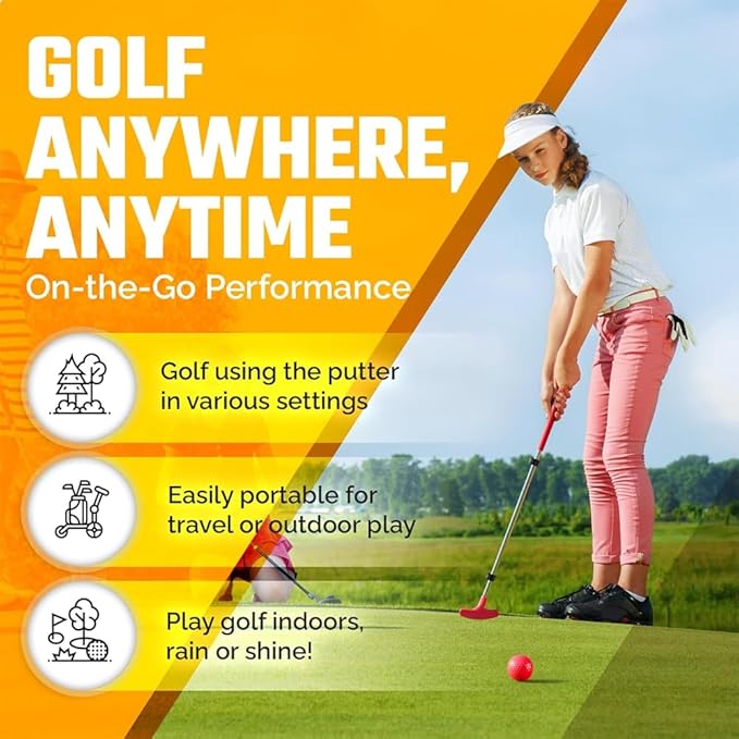 Go For It Golf Kids Putter - Extendable Shaft for Junior Golfers - Adjustable Size for Right and Left Hand - Perfect Training Club for Kids - Includes 3 Balls, Cup with Flag 17"-35"