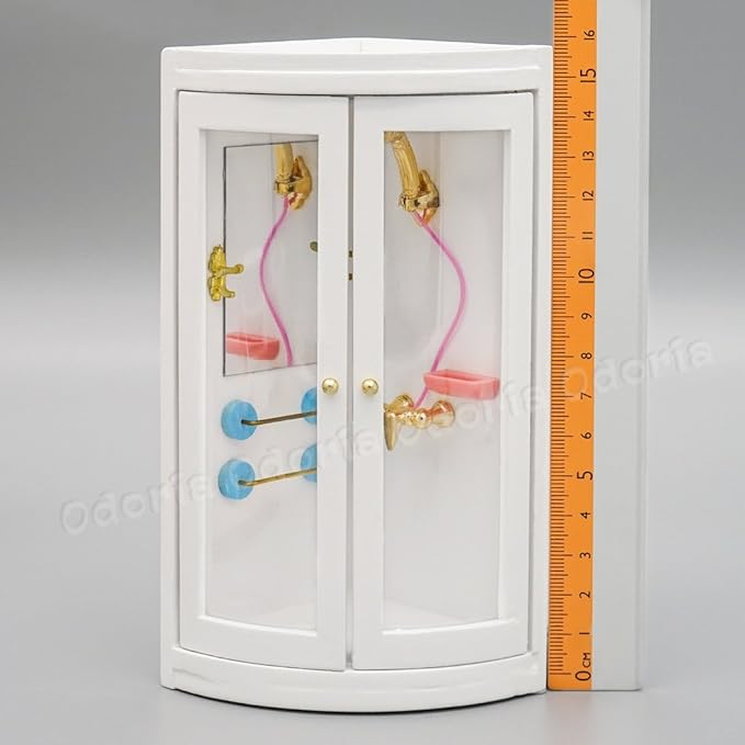 Odoria Dollhouse Shower Enclosure Miniature: 1/12 Scale Shower Room Corner for Modern Bathroom - Mini Wood Furniture White