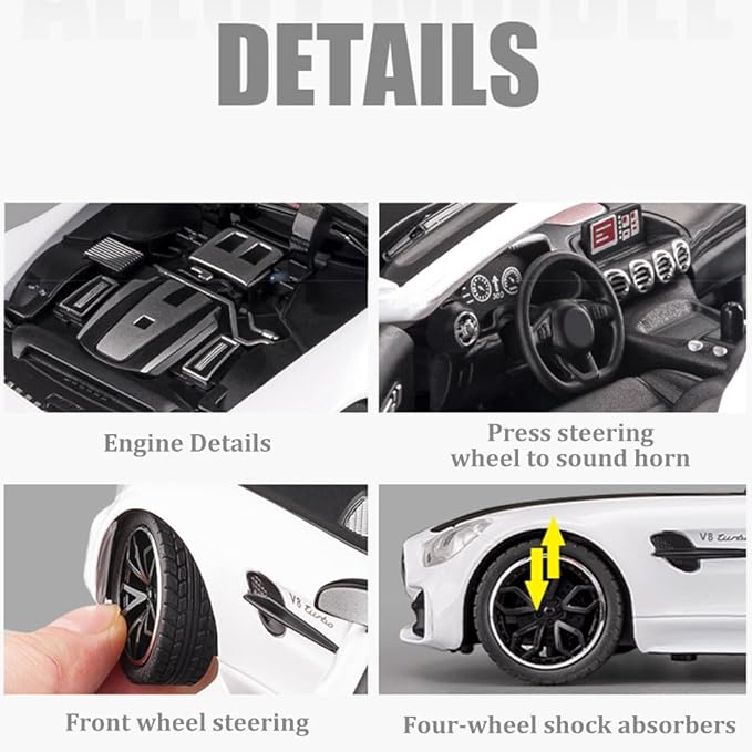 1/24 Benz AMG GTR Model Car Alloy Diecast Pull Back Vehicle Cars with Lights AMG GTR Toy Car Great Gift for Boys & Girls