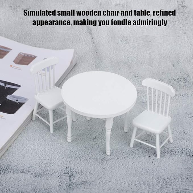 1/12 Scale Dollhouse Furniture Set, Wooden Table and 2 Chairs Miniature White Living Room Decor for Doll House Accessories (Three-Piece Table and Chair Set)