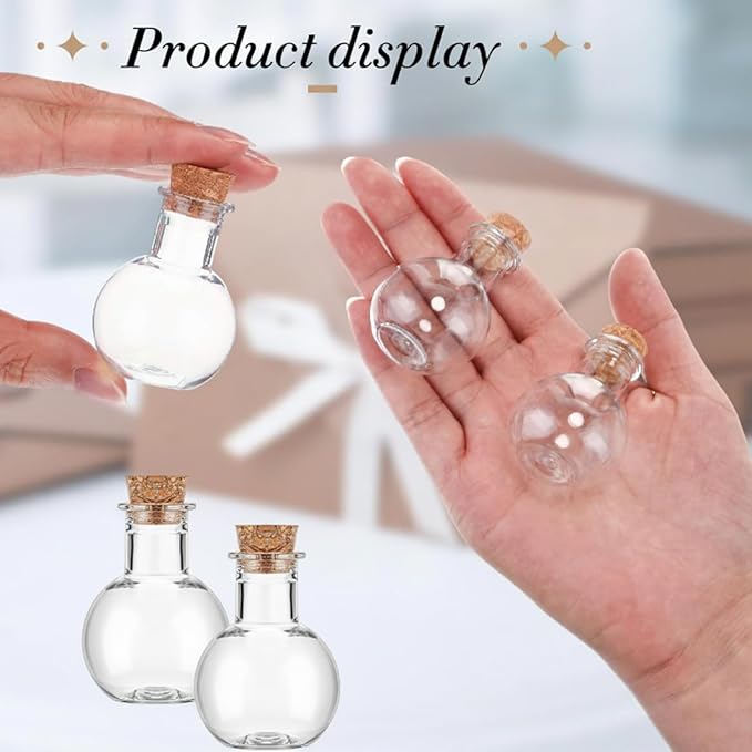 Bokon 1oz Plastic Mini Potion Bottles with Corks, Small Sand Art Jar Tiny Clear Liquor Bottles Bulk Wishing Vial for Birthday Halloween Valentines Party Favor DIY Craft(1.4x1.8 Inch,Round,25 Pack)