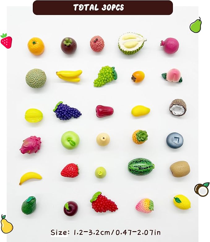 30Pcs Mini Resin Fruit, Artificial Fake Fruit, Fake Strawberry Banana Pineapple Lemon Peach Fruit Decorations for Mini House Kitchen Fairy Garden Cake Party Decor