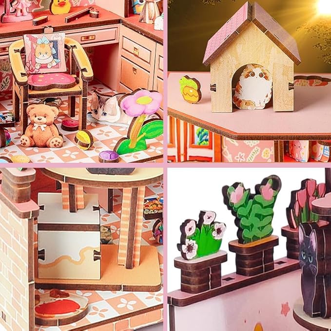 Pink DIY Miniature Dollhouse Kit, Tiny House Kits with LED Light, Mini House Making Kit to Build for Adults, Hobby Craft Gift for Christmas Day, Cat House