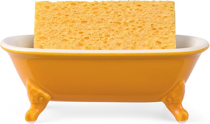 NEWHENGS 6.5" Ceramic Mini Decorative Clawfoot Bathtub Bar Soap Dish, Kitchen Sponge Holder and Shower Tray for Bathroom, 1 Pack(Golden Yellow)