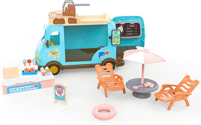 Family Ice Cream Truck Toy — Dessert Food Truck Playset with Cash Register, Chairs & Umbrella, Dollhouse Pretend Play Vehicle, Gift for Kids Ages 3+