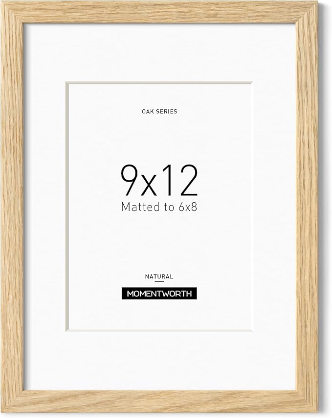 Momentworth 9x12 Frame with Mat for 6x8, Solid Oak Wood 9x12 Picture Frame with Tempered Glass for Wall Mount(Single,Oak)