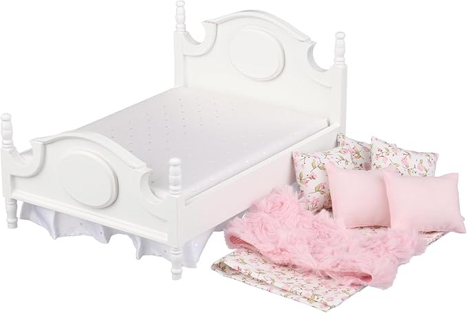 Dollhouse Furniture mini Bed Set, Realistic Bedroom Accessories for 6 inch Dolls, Pillow, Wooden Frame, 1/12 Scale (White Bed, Pink Bedding)