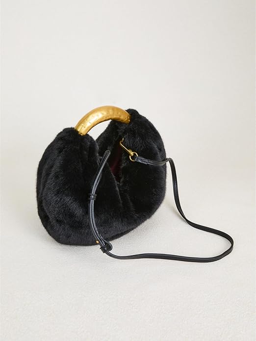 Black Faux Fur Handbag with Gold Metal Handle, Half Moon Top Handle Winter Bag