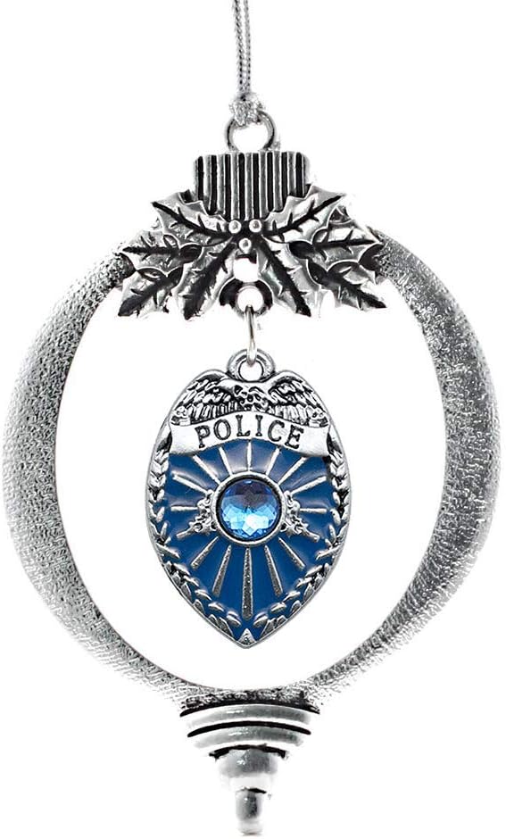Inspired Silver - Blue Police Badge - Silver Christmas Ornament - Unique Charm Christmas Tree Ornament - Holiday Hanging Decoration
