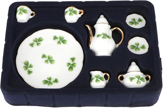 Dollhouse 1:6 Porcelain Tea Cup Sets 8 Pcs Set Miniature Ceramics Dollhouse Accessories Flower Pattern Teapot Platter Dish Sets Dollhouse Kitchen Supplies Decoration (Lucky Clover)