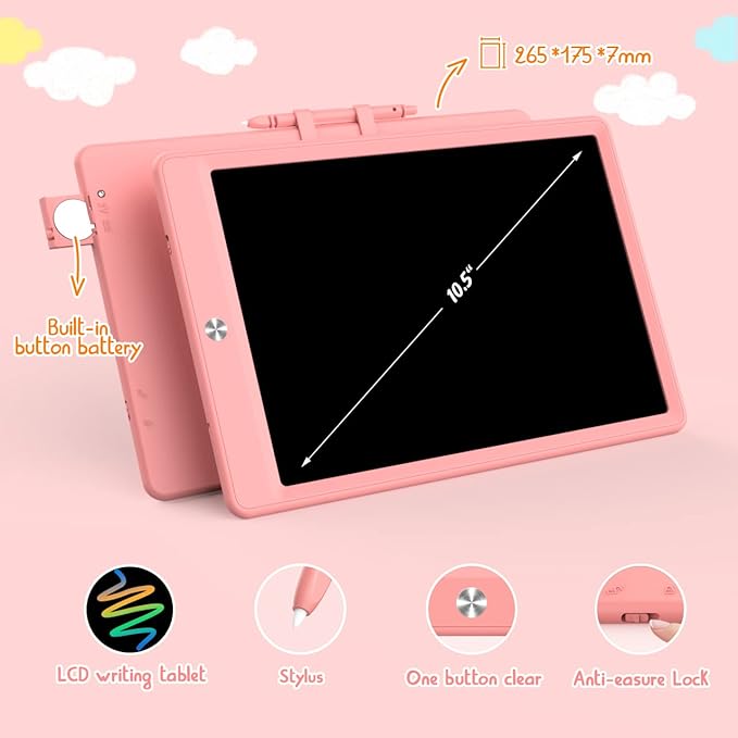 BUKEBU LCD Writing Tablet Doodle Board, Colorful Drawing Pad, Electronic Drawing Tablet, Drawing Pads,Travel Gifts for Kids Ages 3 4 5 6 7 8 Year Old Girls Boys (10.5 inch, Orange+Pink)