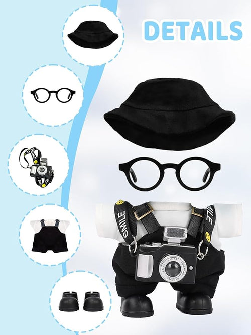 17cm Doll Clothes – 6-Piece Set, Hat + Overalls + Shirt + Camera + Glasses + Shoes, Cute and Premium Dolls Outfit Accessories (Black)
