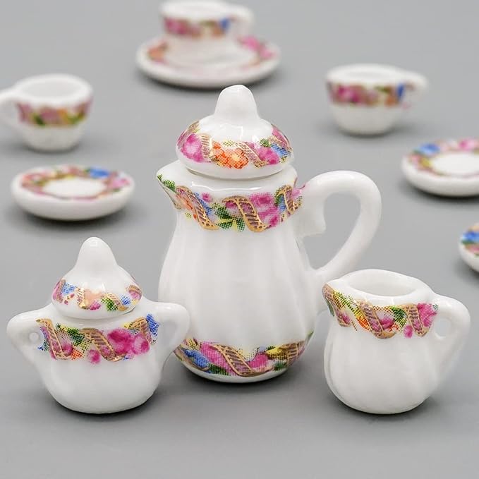 Odoria 1/12 Miniature Porcelain Tea Set 15Pcs Dollhouse Decoration Accessories, Wreath