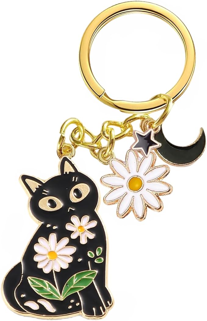 Agromusk Cute Cat Keychain, Enamel Flower Keyring Japanese Decor for Garden Cat Lovers, Kawaii Bag Charm With Sakura Flowers