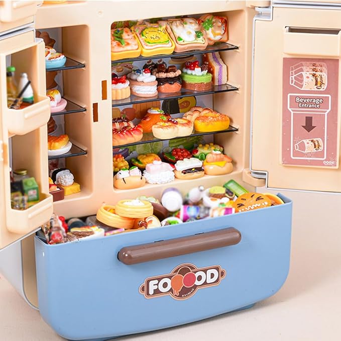 1/7 Scale Large-Size Realistic Double-Door Fridge Model, Miniature Kitchen Props, Pretend-Play Fridge Set (Sky Blue Refrigerator + 30 Food Items + 30 Drinks + Shopping Cart + 8 Ice Cubes/Light-Up)