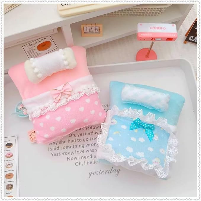 One-Piece Doll Bed for 17cm (6.7in) Doll - Adorable Pink Theme with White Heart Patterns and Lace Trim, Perfect for Dollhouse Furniture Accessories, Pink