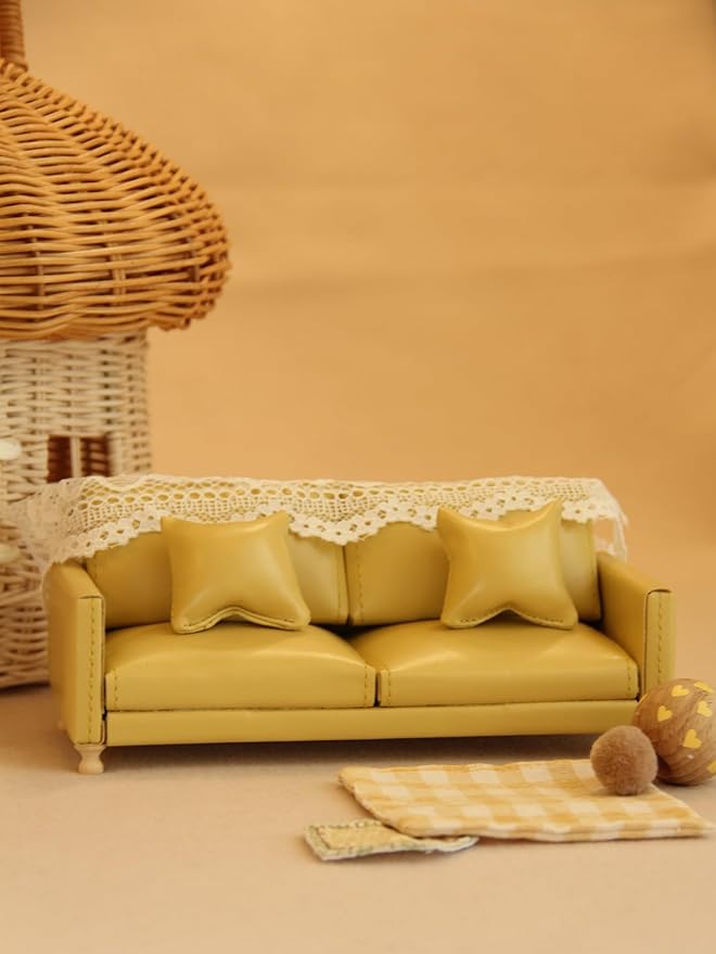 Miniature Dollhouse Leather Couch -1:12 Scale Mini Sofa Furniture Set with Cushions Fit 1/12 Scale Accessories for Doll House Décor and 3 to 6 inches Doll Figure (Yellow)