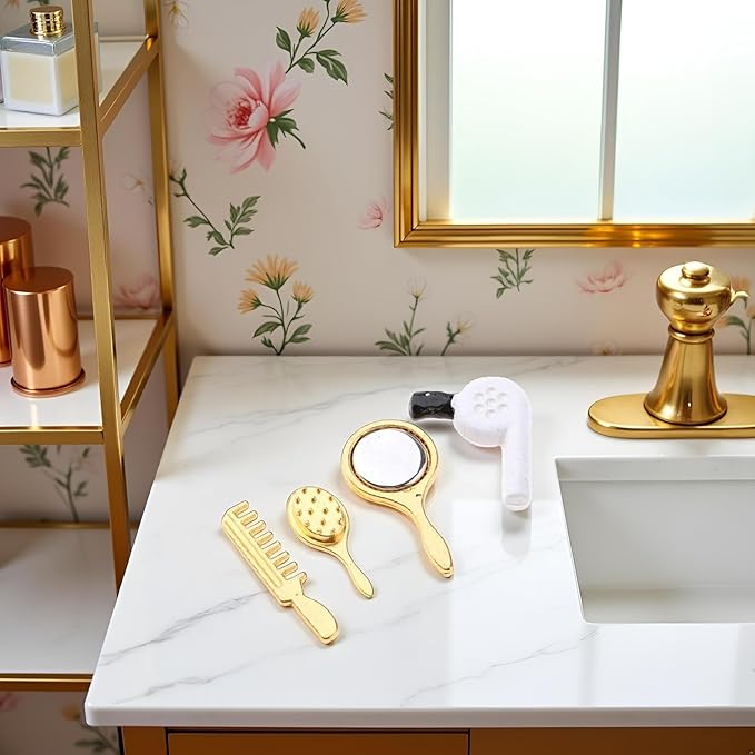 4 Pcs Dollhouse Miniature Bathroom Set with Hair Dryer, Dollhouse Accessories 1:12 Scale Dollhouse Bathroom Comb Mirror Hair Dryer Brush,Dollhouse Furniture Accessories