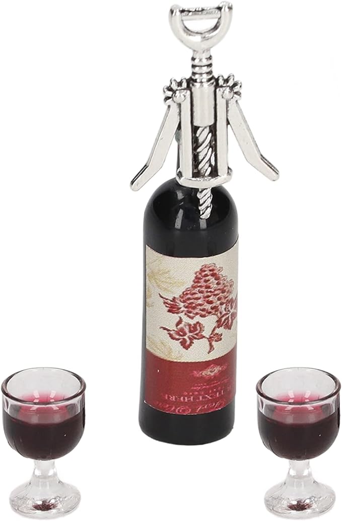 KIMISS Doll House Red Wine Set 1/12 Scale Simulation Red Wine Bottles & Glass Bottle Opener Mini Doll House Decoration