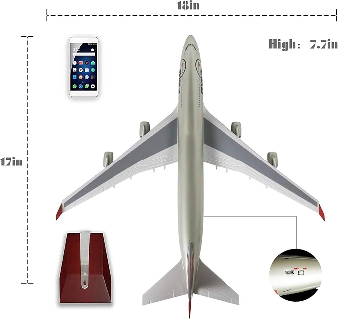 24-Hours 18” 1:130 Scale Airplane Model American Northwest 747 Plane Model with LED Light(Touch or Sound Control) for Decoration or Display