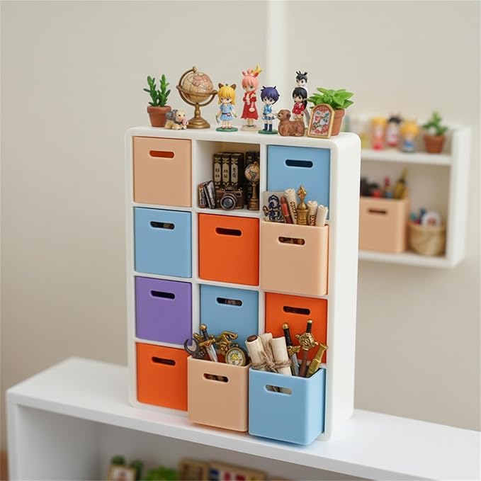 LOGOFUN 1:12 Miniature Dollhouse Storage Rack with 12 Compartments and 4 Color Boxes Miniature Bookshelf Organizer with Cabinets