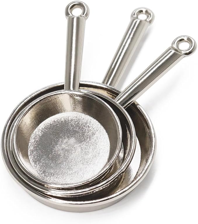 Odoria Dollhouse Frying Pan Miniature: 1/12 Scale Skillet Cookware for Kitchen Restaurant - Mini Kitchenware Cooking Utensils Metal Silver 3Pcs