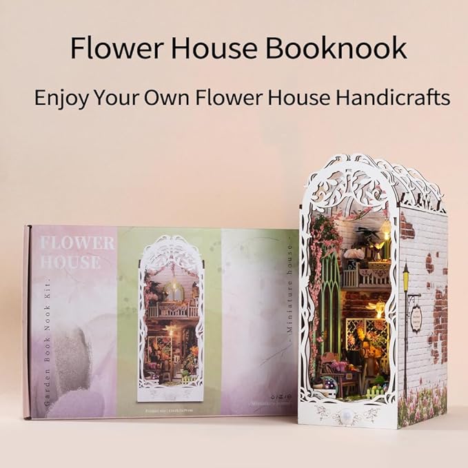 DIY Book Nook Kit - Miniature Dollhouse Booknook Kit for Adults,Teens, 3D Wooden Puzzle Bookend Bookshelf Deco, Christmas Birthday Gift, Flower House