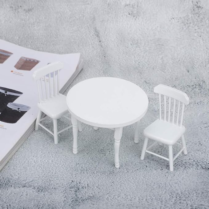 1/12 Scale Dollhouse Furniture Set, Wooden Table and 2 Chairs Miniature White Living Room Decor for Doll House Accessories (Three-Piece Table and Chair Set)