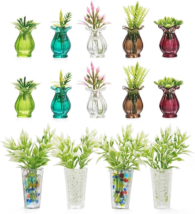 Odoria 1/12 Miniature Potted Plants 4Pcs and Flower in Vase 10Pcs Dollhouse Decoration Accessories