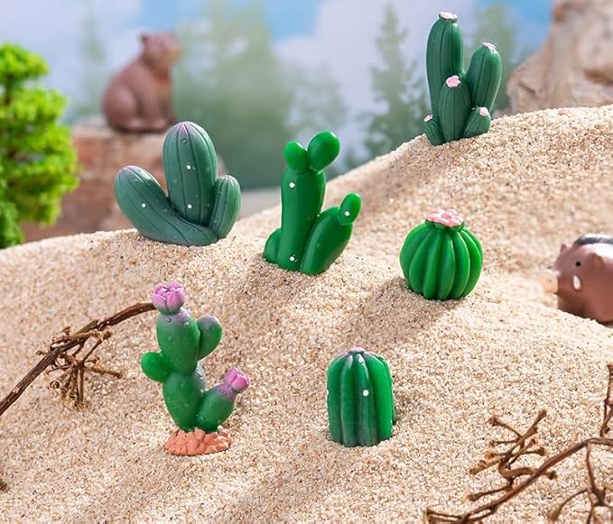 12 Pcs Realistic Mini Cactus Figurines – Resin Cactus Models in Various Shapes, Miniature Green Cacti Ornaments for DIY Dollhouse, Fairy Garden, Bonsai, Micro Landscape, Car & Cake Toppers