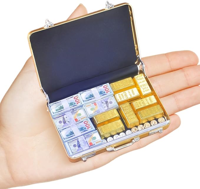 1:6 Scale Miniature Gold Briefcase Gift Set with Fake Gold Bars, 180Pcs Mini $100 Dollar Bills & Vintage Coins | Unique Collectible Display, Dollhouse Accessory & Fun Novelty Gift for Adults