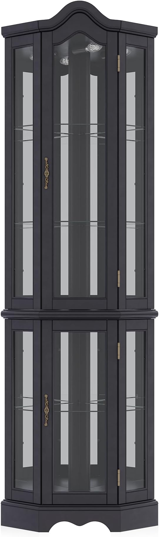 BELLEZE Lighted 3-Side Glass Display Curio Cabinet w/Tempered Glass Doors and Shelves, Curved Wood Corner Cabinet with Bulb, Corner Storage Rack for Living Room and Kitchen (Black)