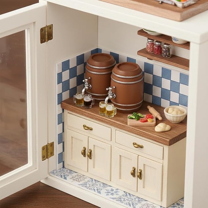 Miniature Beer and Wine Barrel Set with Mugs, Brown Wooden Style Kegs, 1:12 Scale Dollhouse Accessories, 6 Piece Collection