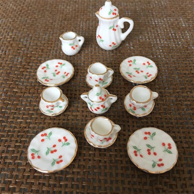 Dollhouse Decoration Accessories, 1:12 Dollhouse Miniature 15 Pcs Porcelain Tea Sets Mini Food Toy Model (J)