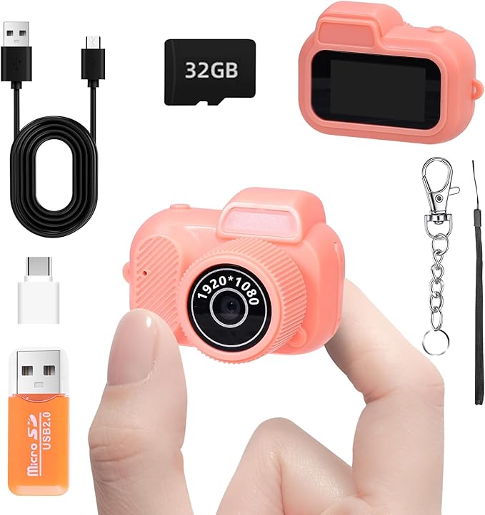 Mini Keychain Camera, FHD 1080p 8MP Mini Digital Camera with 32GB SD Card, 0.96" HD Display, 100 Mins Battery Life for Travel Recording Birthday Gifts (Retro, Pink)