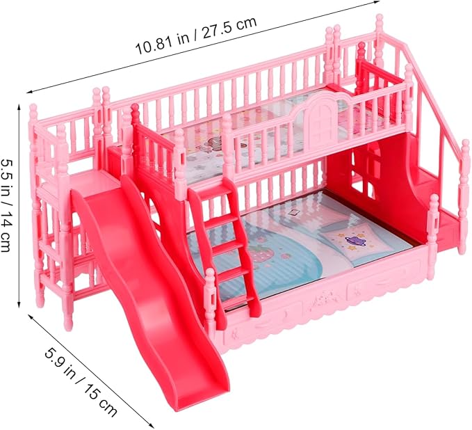 Angoily Dollhouse Bunk Beds, Miniature Doll Bunk Bed with Ladder Doll House Double Layered Furniture Accessory for Pretend Play Bedroom Decoration Compact Dollhouse Accessories Small Pink