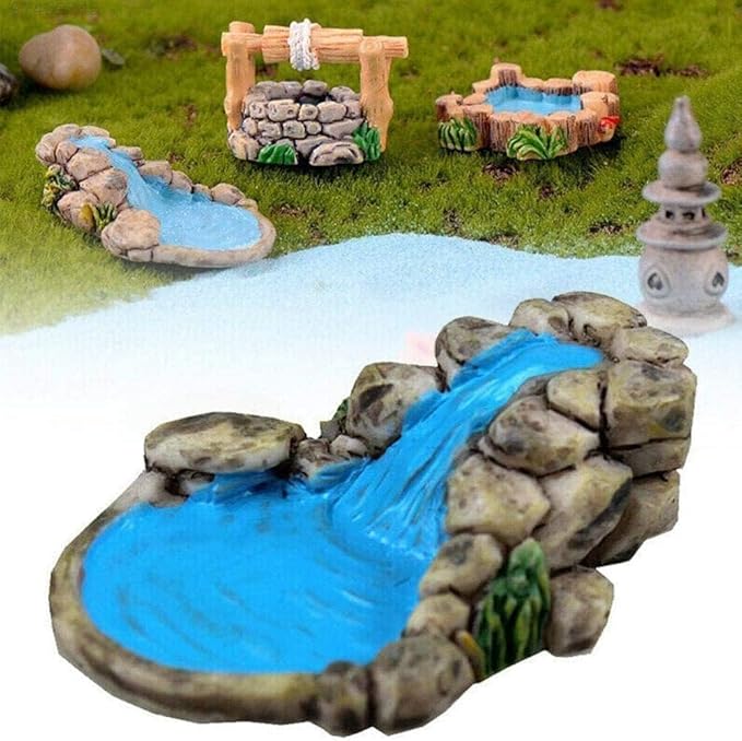 Blue DIY Miniature Water Pool Fairy Garden Decor - Antique European Manor Style Mini Pond Landscape Ornament for Dollhouse Village and Outdoor Crafts