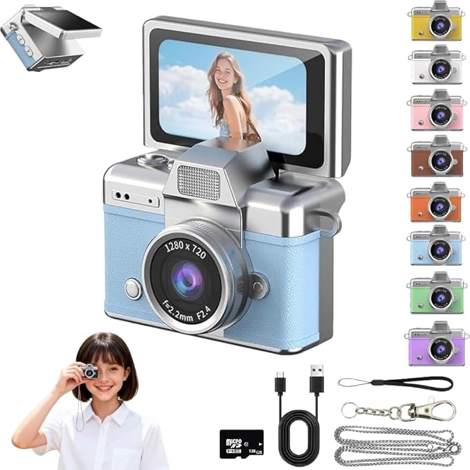 Mini Keychain Digital Camera Retro Mini Digital Video Camera Small bodycam 1080P FHD Recording with 0.96" IPS Screen with 6 Retro Filters AVI Format-Ideal for Phone Transfer (Blue, 128GB)