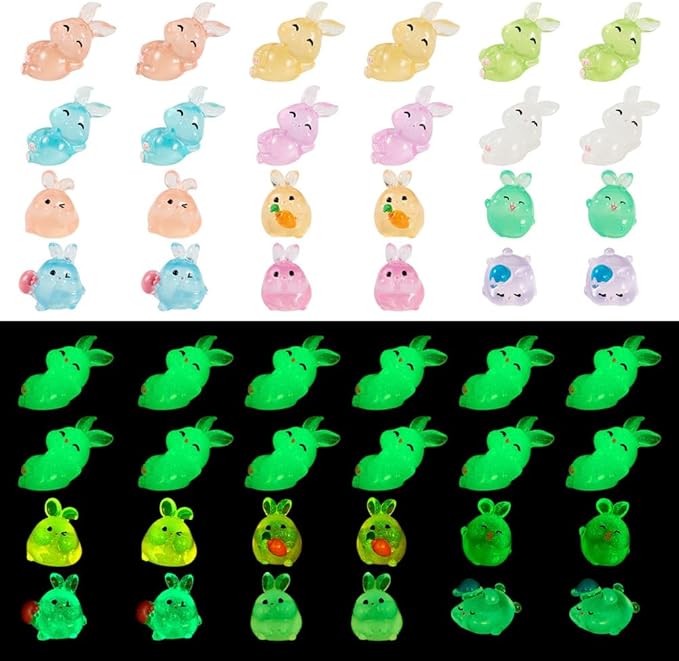 Beadthoven Luminous Mini Easter Rabbit Figurine Cute Miniature Easter Bunny Animals Ornaments for Dollhouse Fairy Garden Decoration Accessories DIY Craft Micro Landscape