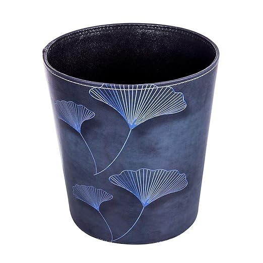 Scakbyer 10L/2.64 Gallon Trash Can, Decorative Waste Basket, PU Leather Waste Paper Basket, Waterproof Garbage Can for Bathroom, Bedroom, Office, Kitchen and Living Room - Blue Lines Leaves