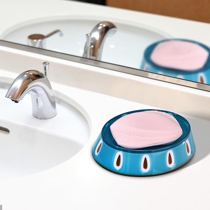 BQTBMU Soap Dish Set of 2, Cute & Modern Plastic Bar Soap Holder, 2-Pack Decorative Soap Tray with Internal Draining Ridges to Keep Soap Dry, for Bathroom Sink, Kitchen Sink (Ocean Blue/White/Orange)
