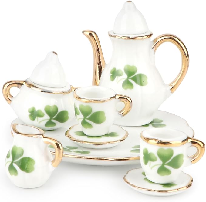 Dollhouse 1:6 Porcelain Tea Cup Sets 8 Pcs Set Miniature Ceramics Dollhouse Accessories Flower Pattern Teapot Platter Dish Sets Dollhouse Kitchen Supplies Decoration (Lucky Clover)