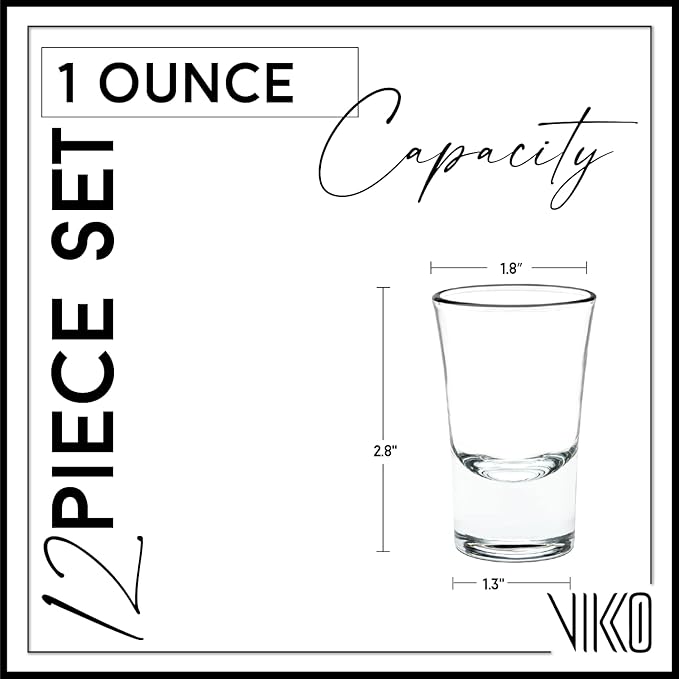 Vikko 1 Ounce Shot Glasses, Set of 12 Small Liquor and Spirit Glasses, Durable Tequila Bar Glasses For Alcohol and Espresso Shots (Cheerio - 1 Oz)