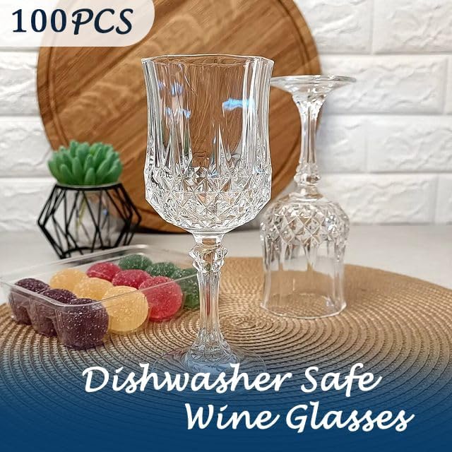 LEYIQU Plastic Wine Glasses, Plastic Goblets Vintage Style Cordial Drinking Glasses for Valentine’s Day, Wedding Reception, Grand Event Party Supplies (100, Transparent)