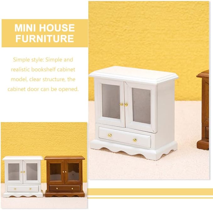 SAFIGLE Wooden Miniature Cupboard Bookshelf for Dollhouse - 1:12 Scale Rustic Furniture, Dollhouse Accessory and Organizer