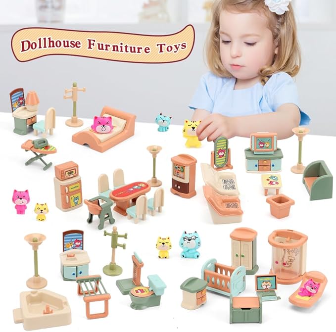 50 Pack Kids Little Dollhouse Furniture Set Toys House Big Dreams for Baby Children Girls Boys Age 3+,Miniature Accessories Educational Pretend Play Toys for Toddler