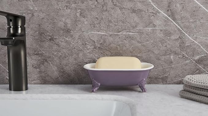 NEWHENGS 6.5" Ceramic Mini Decorative Clawfoot Bathtub Bar Soap Dish, Kitchen Sponge Holder and Shower Tray for Bathroom, 1 Pack(Lavender)