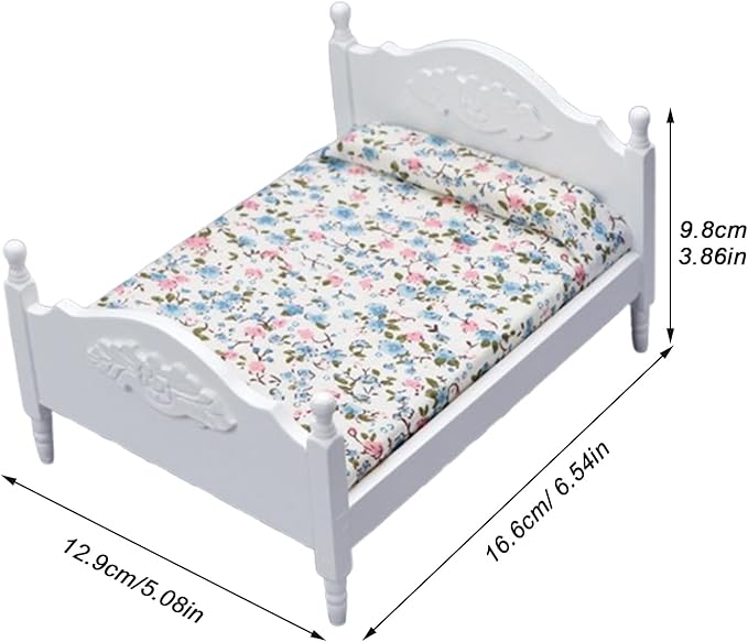 1/12 Dollhouse Bed Miniature Queen Bed Mini Woode Bed for Dollhouse Bedroom Furniture (White)