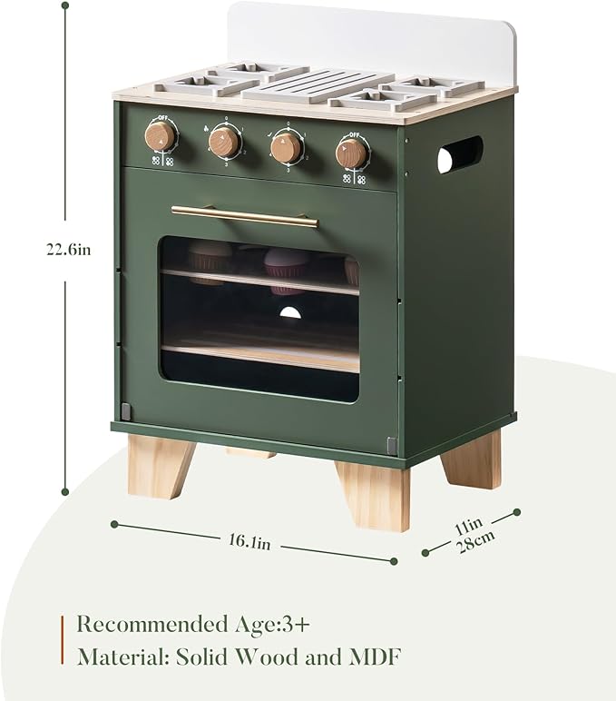 ROBOTIME Wooden Toy Oven Play Kitchen Set, Kids Kitchen Playset with Play Food, Pretend Play Oven Wooden Toy Kitchen Set for Toddlers Boys Girls(Vintage Green)